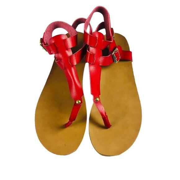 Women's Red Leather Sandals Thongs Slingback Flip Flops Flats US 8.5 - Picture 1 of 4